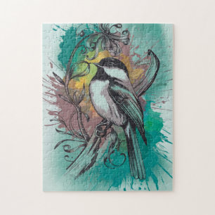 Abstracte Waterverf Chickadee - Blauwgroen Legpuzzel