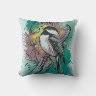 Abstracte Waterverf Chickadee - Blauwgroen Sierkus Kussen