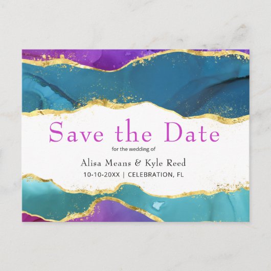 Abstracte Waterverf Ink Fuchsia Roze Blauwgroen go Aankondigingskaart (Voorkant)