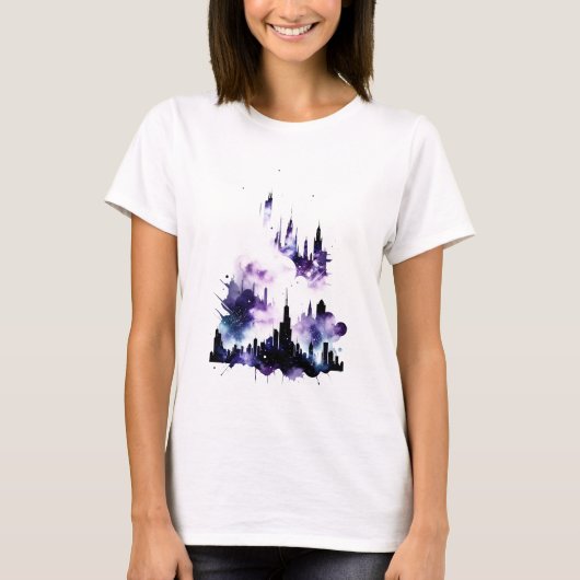 Abstracte Waterverf Kosmische Stad T-shirt (Voorkant)