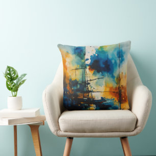 Abstracte Waterverf kunst Blauw en Sinaasappel Kussen