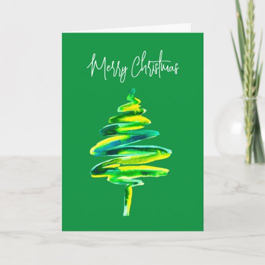Abstracte waterverf met groene kerstboom kaart (Voorkant)