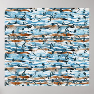 Abstracte waterverf muzieknoten patroon. poster