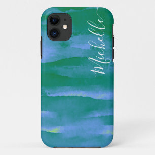Abstracte Waterverf Neon Green en Blue  iPhone 11 Hoesje