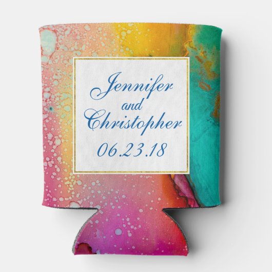 Abstracte Waterverf roze en Turquoise Marble Blikjeskoeler (Achterkant)