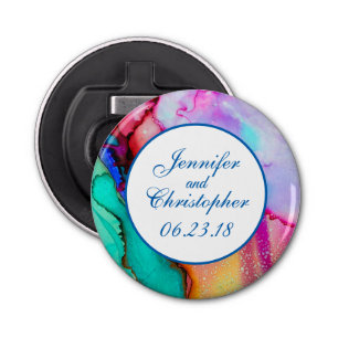 Abstracte Waterverf roze en Turquoise Marble Button Flesopener