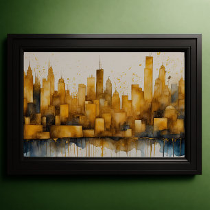 Abstracte Waterverf Schilderen Gouden Cityscape 3: Poster
