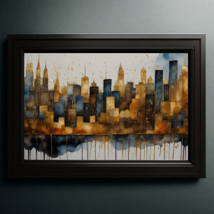 Abstracte Waterverf Schilderen Gouden Cityscape 3: Poster