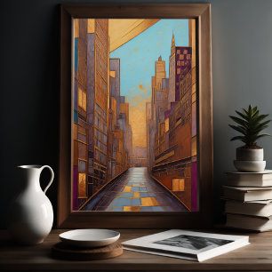 Abstracte Waterverf Schilderen Gouden Cityscape 3: Poster
