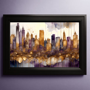 Abstracte Waterverf Schilderen Gouden Cityscape 3: Poster