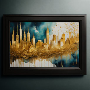 Abstracte Waterverf Schilderen Gouden Cityscape 3: Poster