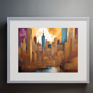 Abstracte Waterverf Schilderen Gouden Cityscape 4: Poster