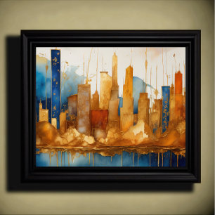 Abstracte Waterverf Schilderen Gouden Cityscape 5: Poster