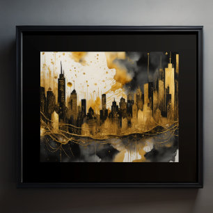 Abstracte Waterverf Schilderen Gouden Cityscape 5: Poster
