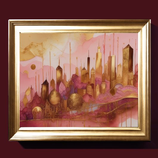 Abstracte Waterverf Schilderen Gouden Cityscape 5: Poster