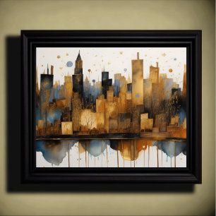 Abstracte Waterverf Schilderen Gouden Cityscape 5: Poster