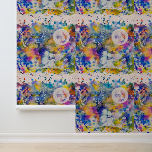 Abstracte Waterverf Schilderen Kunst Paar en Maan Behang