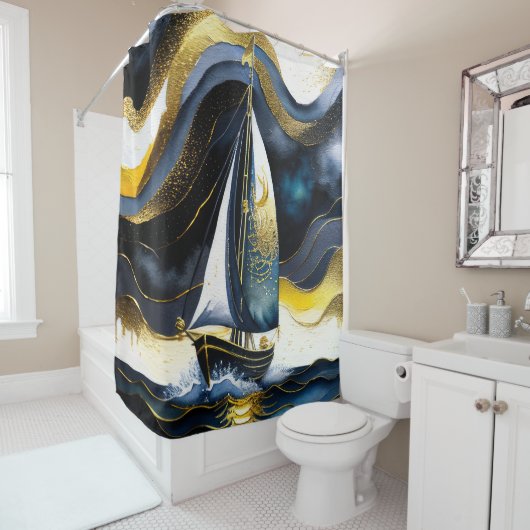 Abstracte Waterverf Schilderen Zeilboot Nacht Douchegordijn (In situ)