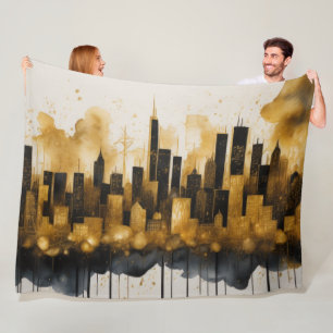 Abstracte Waterverf Schilderij Gouden Cityscape Fleece Deken