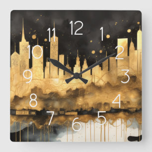 Abstracte Waterverf Schilderij Gouden Cityscape Vierkante Klok