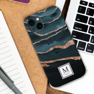 Abstracte Waterverf van Navy Blue en Copper Elegan iPhone 13 Hoesje