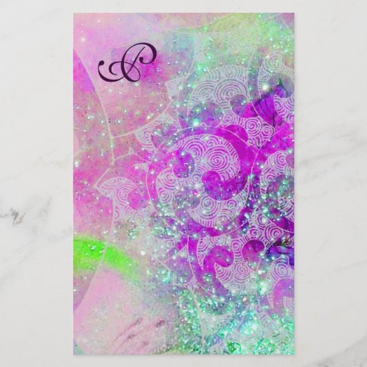 ABSTRACTE WAVES Blue, Paars roze bruiloft Monogram Briefpapier (Voorkant)