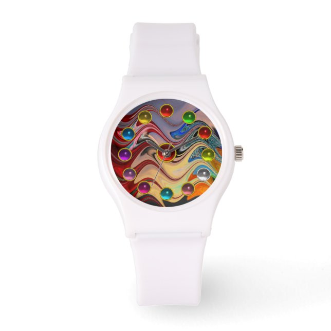 ABSTRACTE WAVES EN KLEURENDE 3D-GEMSTONES HORLOGE (Voorkant)