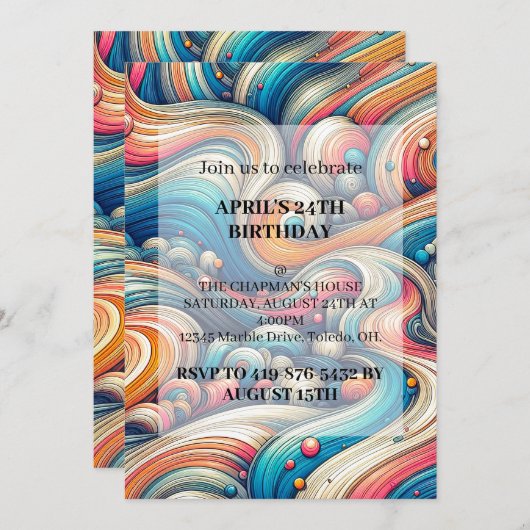 Abstracte Wavy Art Verjaardagsfeestuitnodigingen Kaart (Voorkant / Achterkant)