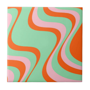 Abstracte Wavy Stripe Groen Sinaasappel Retro Bold Tegeltje
