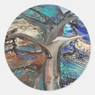 Abstracte wilde boomblauwvintonijn en groenbossen ronde sticker