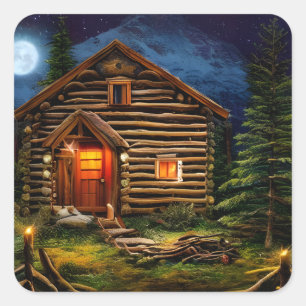 Abstracte Wilderness Little Cabin Vierkante Sticker