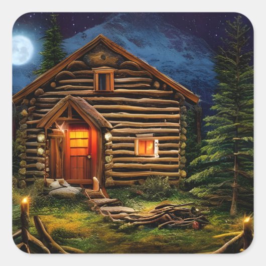 Abstracte Wilderness Little Cabin Vierkante Sticker (Voorkant)
