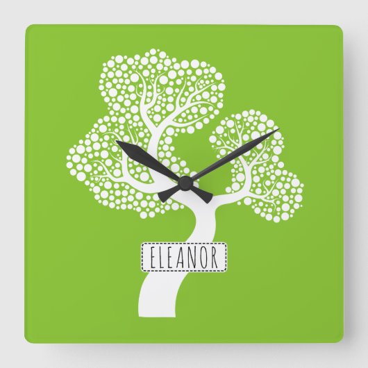 Abstracte witte cirkelboom en naam kalkgroen vierkante klok (Voorkant)