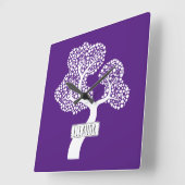 Abstracte witte cirkelboom en naam royal paars vierkante klok (Hoek)