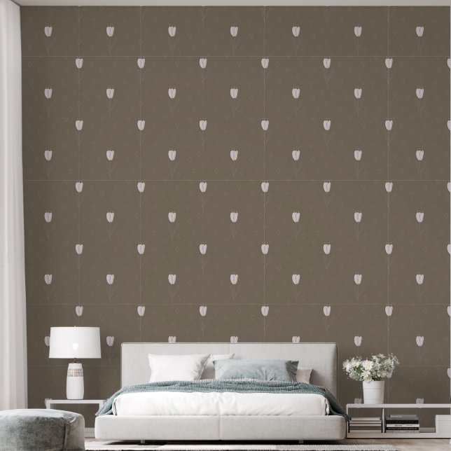 Abstracte witte tulp en harten op Earth Brown Behang (Slaapkamer)