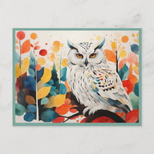 Abstracte witte uil op kleurrijke bosboomtak briefkaart