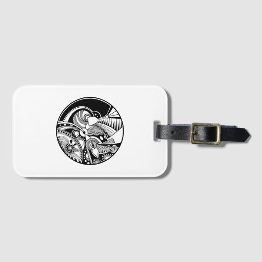 Abstracte Zendala in zwart-wit op cirkel Bagagelabel (Voorkant (horizontaal))