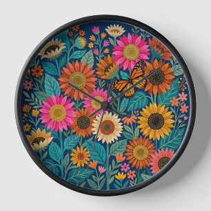 Abstracte zonnebloemen en monarchvlinder kunstklok