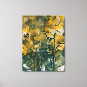 Abstracte Zonnebloemen Fine Art, Teals, Gold Canvas Afdruk