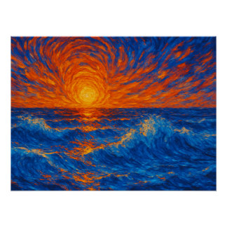 Abstracte zonsondergang boven de golven van de oce perfect poster