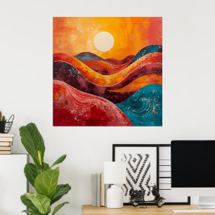 Abstracte zonsondergang – kleurrijke Wavy Horizon Poster