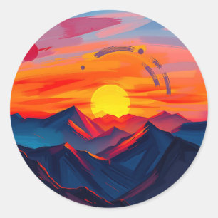 Abstracte zonsondergang over bergen met vurige bom ronde sticker