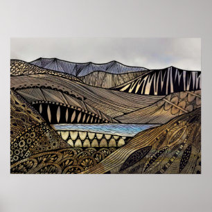 Abstracte zonsopgang landschapsbergen en riviertje poster