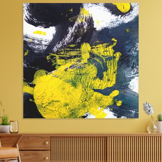 Abstracte zwarte en gele penseelstreek canvas afdruk (Insitu (Woonkamer))