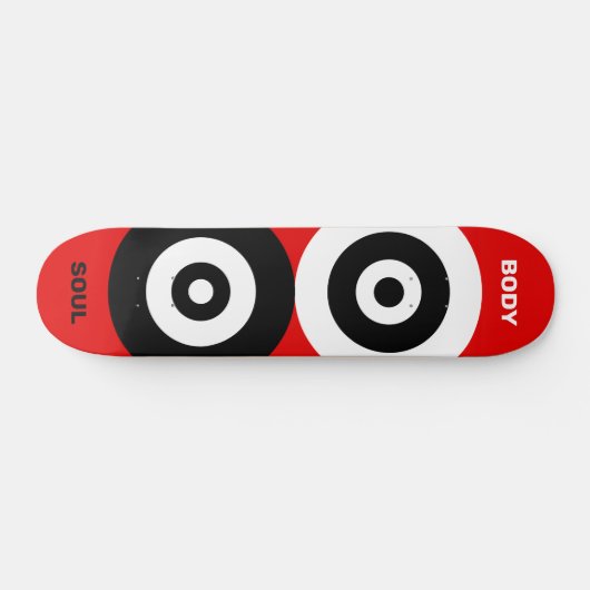 Abstracte zwarte en witte cirkels op rood skateboard (Horizontaal)
