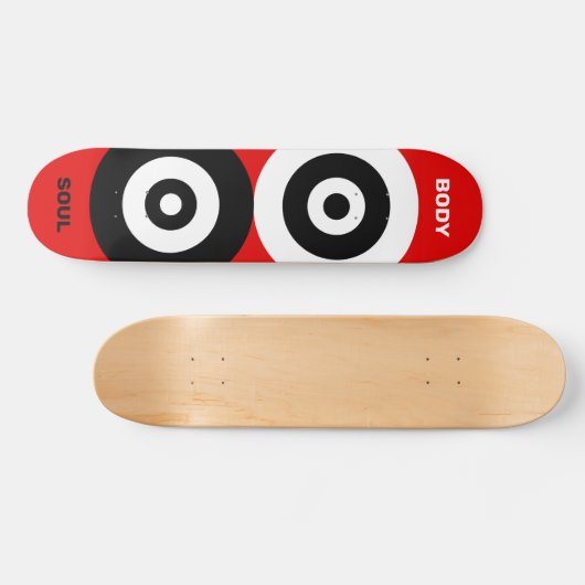 Abstracte zwarte en witte cirkels op rood skateboard (Horizontaal)
