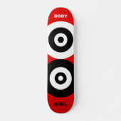 Abstracte zwarte en witte cirkels op rood skateboard (Voorkant)