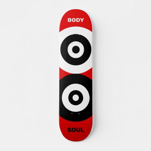 Abstracte zwarte en witte cirkels op rood skateboard (Voorkant)