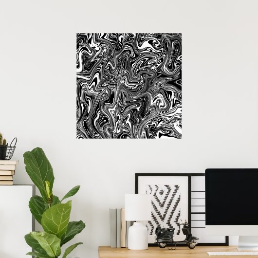 Abstracte zwarte en witte vloeibare marmer poster (Thuiskantoor)