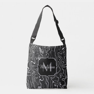Abstracte zwarte grijze damascus zwemmen Monogram Crossbody Tas